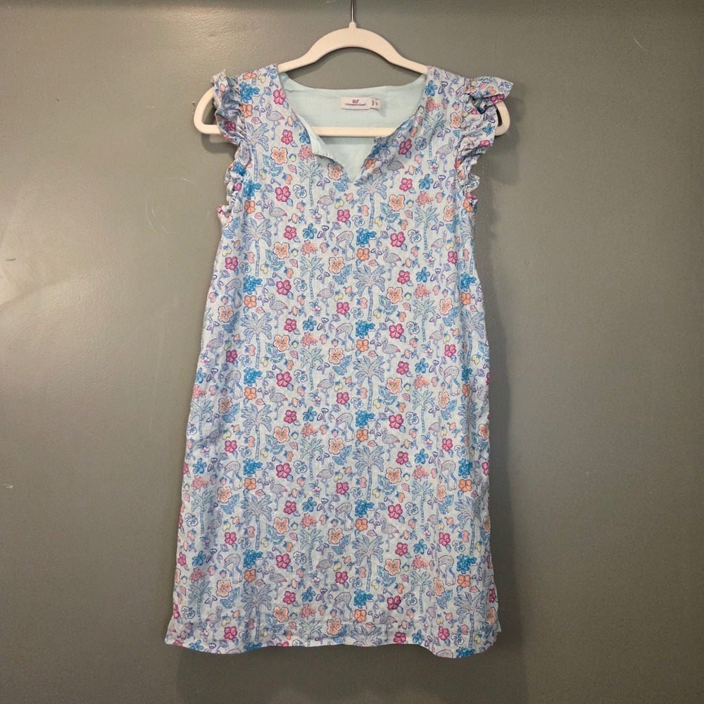 Vineyard‎ Vines Big Girl's Dress Size 14 Floral Tropical Flamingos Ruffle Sleeve